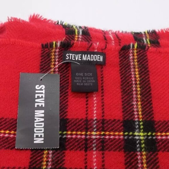 Steve Madden Classic Tartan Blanket Scarf Red Black Yellow Fringe Soft - Picture 1 of 6